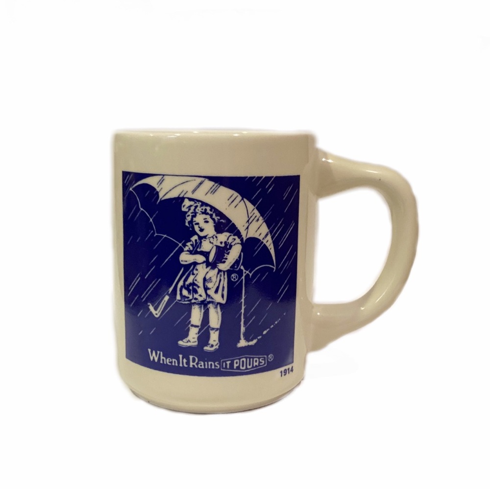 Vintage Morton Salt When It Rains IT POURS Coffee Mug Cup 1914 Made In Japan